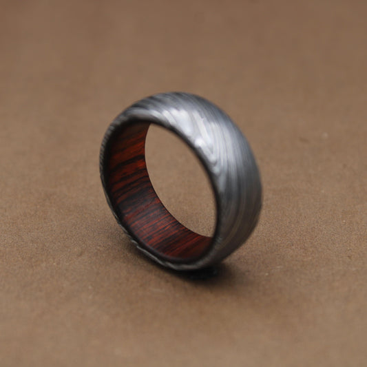 Damascus Steel Whiskey Barrel Steel Rings, Dome Promise Ring, Wood Wedding Ring, Damascus Steel Rings, Wood Inlay Engagement Ring, Wedding Band My Store
