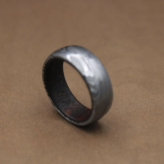 Damascus Steel Whiskey Barrel Steel Rings Dome Promise Ring Wood Wedding Ring Damascus Steel Rings Wood Inlay Engagement Ring Wedding Band My Store