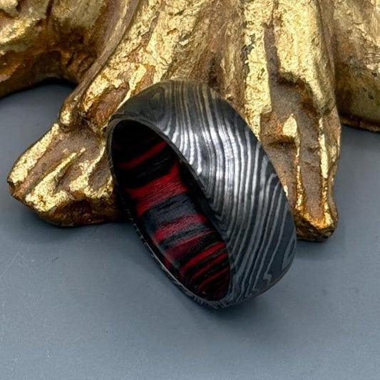 Damascus Steel Whiskey Barrel Steel Rings Dome Promise Ring Wood Wedding Ring Damascus Steel Rings Wood Inlay Engagement Ring Wedding Band Metalic Crafts
