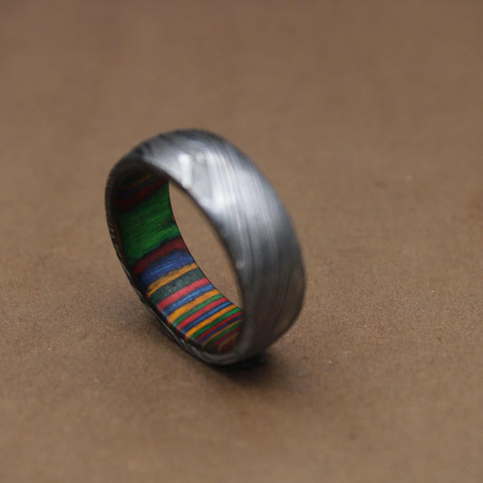 Damascus Steel Wedding Band Whiskey Barrel Steel Rings Dome Promise Ring Wood Wedding Ring Damascus Steel Rings Wood Inlay Engagement Ring My Store
