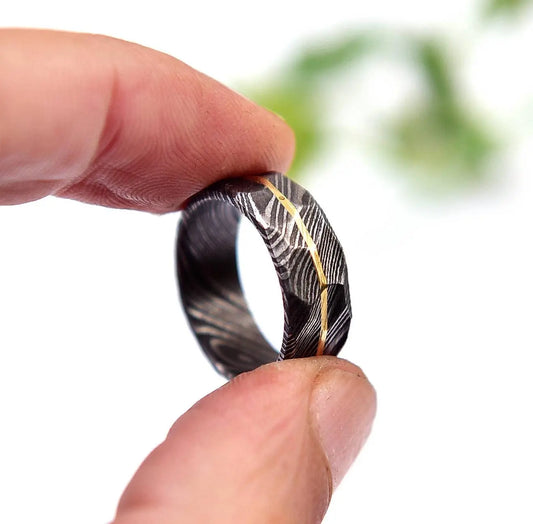 Damascus Steel Hammered Ring with Brass lining Wedding Band Promise Ring Engagement Wedding Ring Damascus Steel Ring Valentines Gift Him My Store