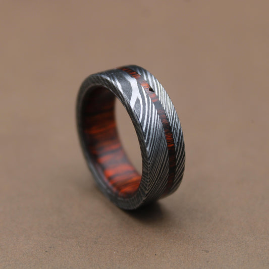 Damascus Steel Whiskey Barrel Steel Rings, Dome Promise Ring, Wood Wedding Ring, Damascus Steel Rings, Wood Inlay Engagement Ring, Wedding Band My Store