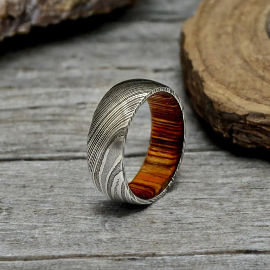 Damascus Steel Whiskey Barrel Ring Wood Wedding Band Promise Ring Engagement Wedding Ring Wood Inlay Damascus Steel Ring Valentines Gift Him Metalic Crafts