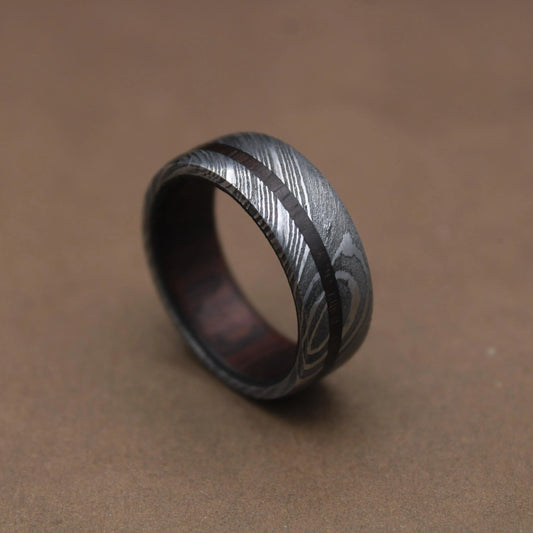 Damascus Steel Whiskey Barrel Wood Inlay Wedding Ring Damascus Steel Rings Wood Inlay Mens Promise Ring Engagement Ring Wedding Band My Store