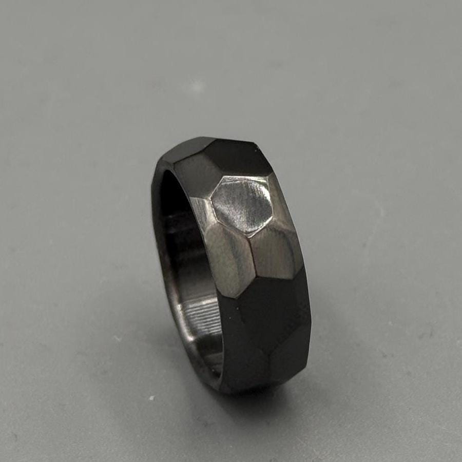 Zirconium Ring Classic Black Minimalist Faceted Zirconium Ring Handmade Zirconium Ring Anniversary Gift for Him Wedding Band for Him Metalic Crafts