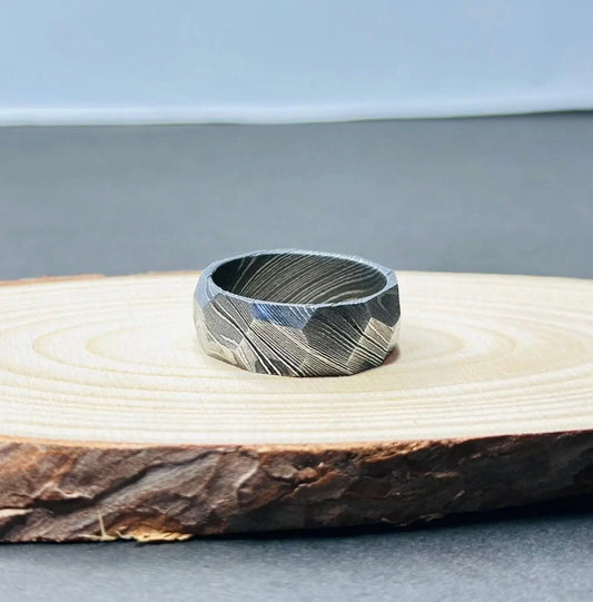 Damascus Faceted Ring Unique Ring Damascus Ring For Men Engagement Ring Damascus Steel Wedding Band Man Promise Ring Anniversary Ring My Store