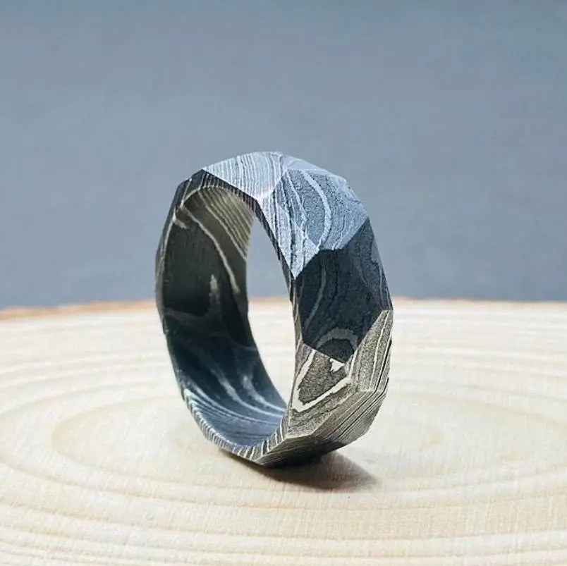 Damascus Faceted Ring Unique Ring Damascus Ring For Men Engagement Ring Damascus Steel Wedding Band Man Promise Ring Anniversary Ring My Store