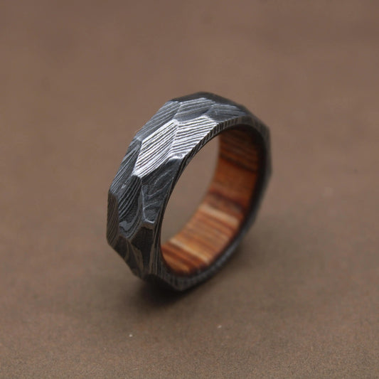 Damascus Steel Ring with Exotic Wenge Wood Inlay and Sleeve Best Christmas Gift Men Wedding Ring Damascus Wood Ring Men Gift 8mm Ring My Store