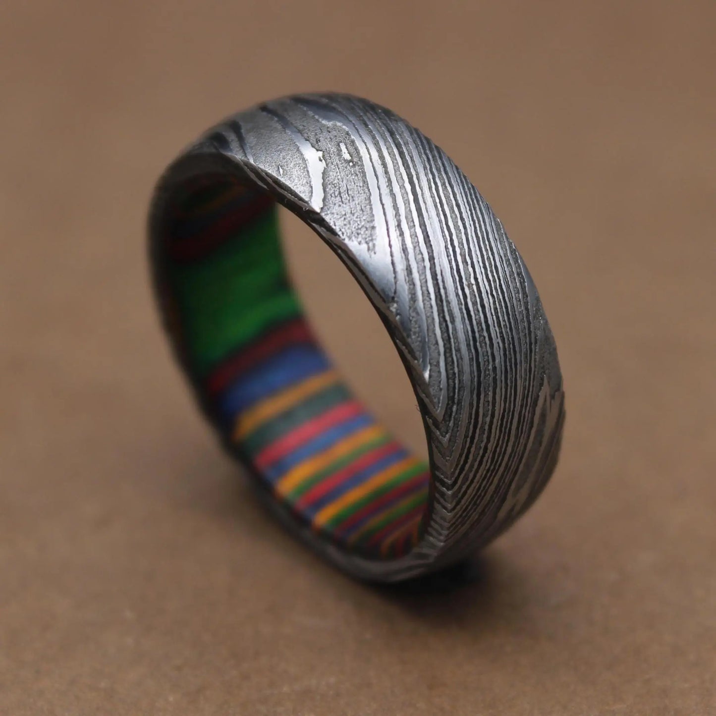 Damascus Steel Wedding Band Whiskey Barrel Steel Rings Dome Promise Ring Wood Wedding Ring Damascus Steel Rings Wood Inlay Engagement Ring My Store