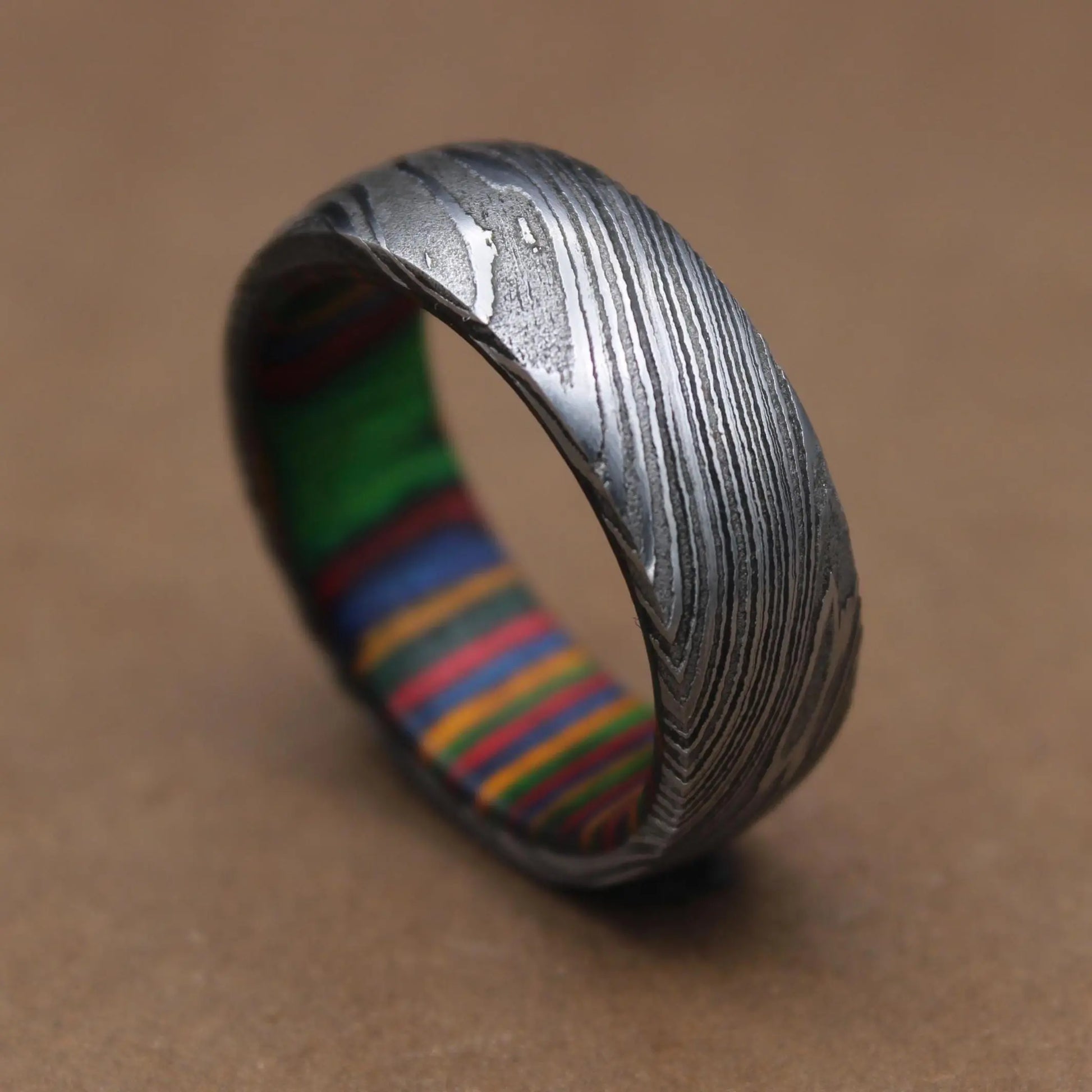 Damascus Steel Wedding Band Whiskey Barrel Steel Rings Dome Promise Ring Wood Wedding Ring Damascus Steel Rings Wood Inlay Engagement Ring My Store