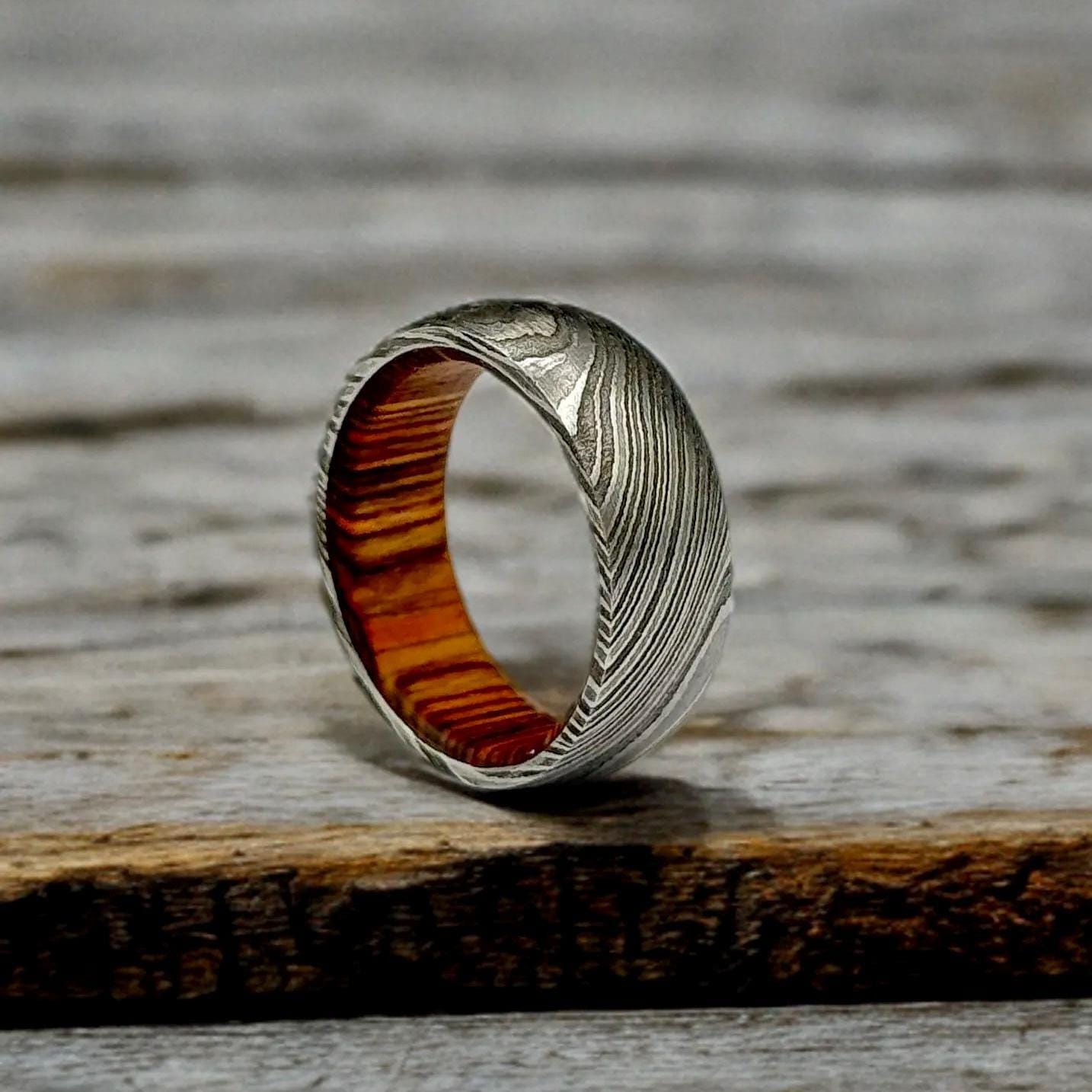 Damascus Steel Whiskey Barrel Ring Wood Wedding Band Promise Ring Engagement Wedding Ring Wood Inlay Damascus Steel Ring Valentines Gift Him Metalic Crafts
