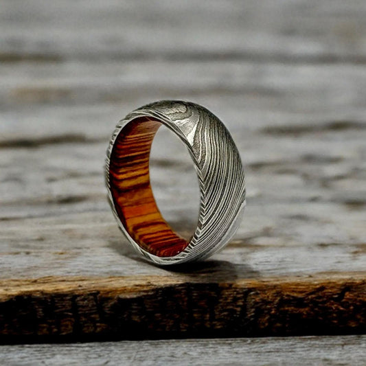 Damascus Steel Whiskey Barrel Ring Wood Wedding Band Promise Ring Engagement Wedding Ring Wood Inlay Damascus Steel Ring Valentines Gift Him Metalic Crafts