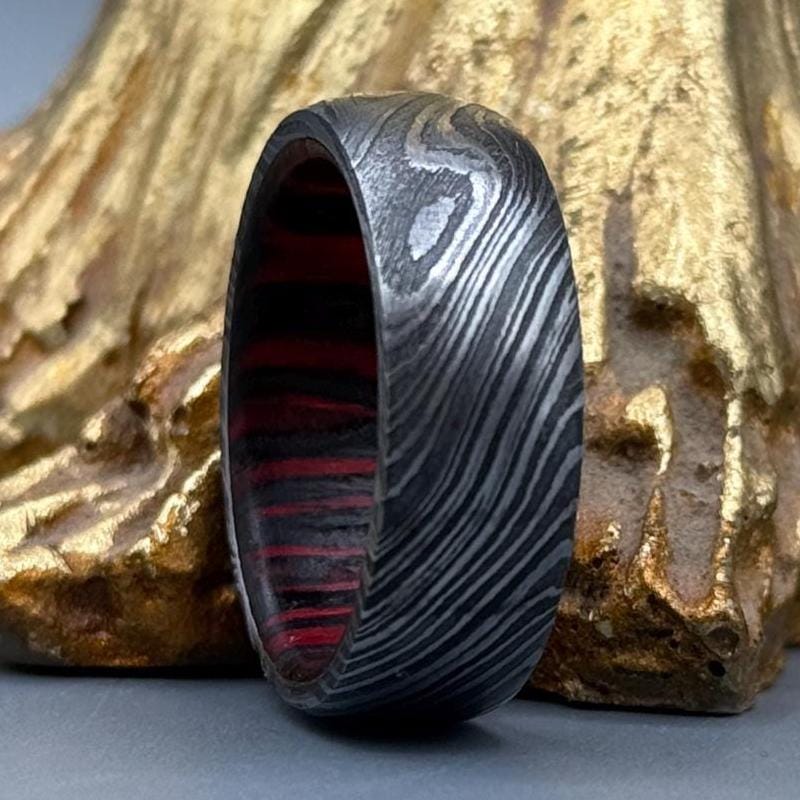 Damascus Steel Whiskey Barrel Steel Rings Dome Promise Ring Wood Wedding Ring Damascus Steel Rings Wood Inlay Engagement Ring Wedding Band Metalic Crafts