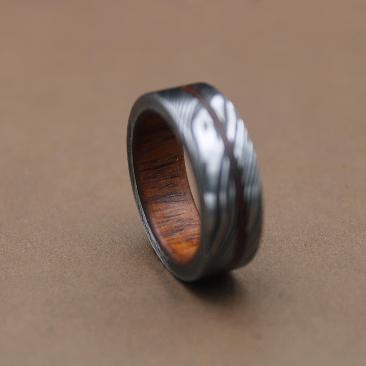 Damascus Steel Whiskey Barrel Steel Rings, Dome Promise Ring, Wood Wedding Ring, Damascus Steel Rings, Wood Inlay Engagement Ring, Wedding Band My Store