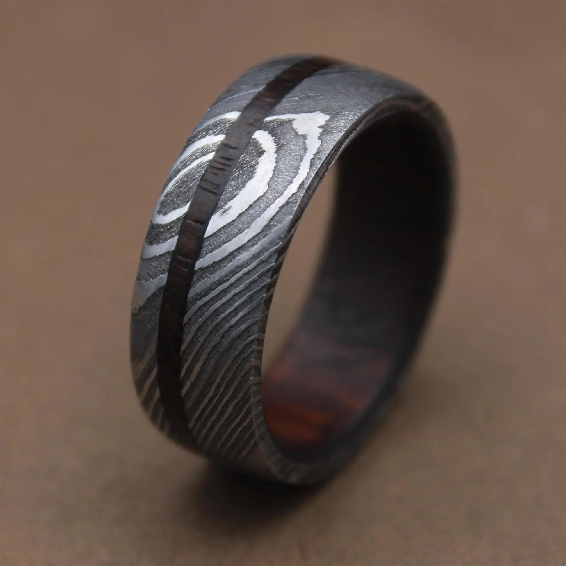 Damascus Steel Whiskey Barrel Wood Inlay Wedding Ring Damascus Steel Rings Wood Inlay Mens Promise Ring Engagement Ring Wedding Band My Store