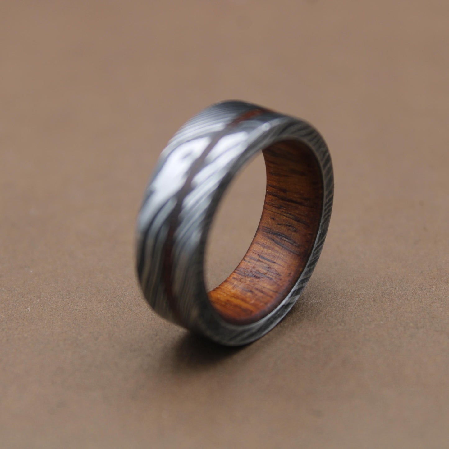 Damascus Steel Whiskey Barrel Steel Rings, Dome Promise Ring, Wood Wedding Ring, Damascus Steel Rings, Wood Inlay Engagement Ring, Wedding Band My Store