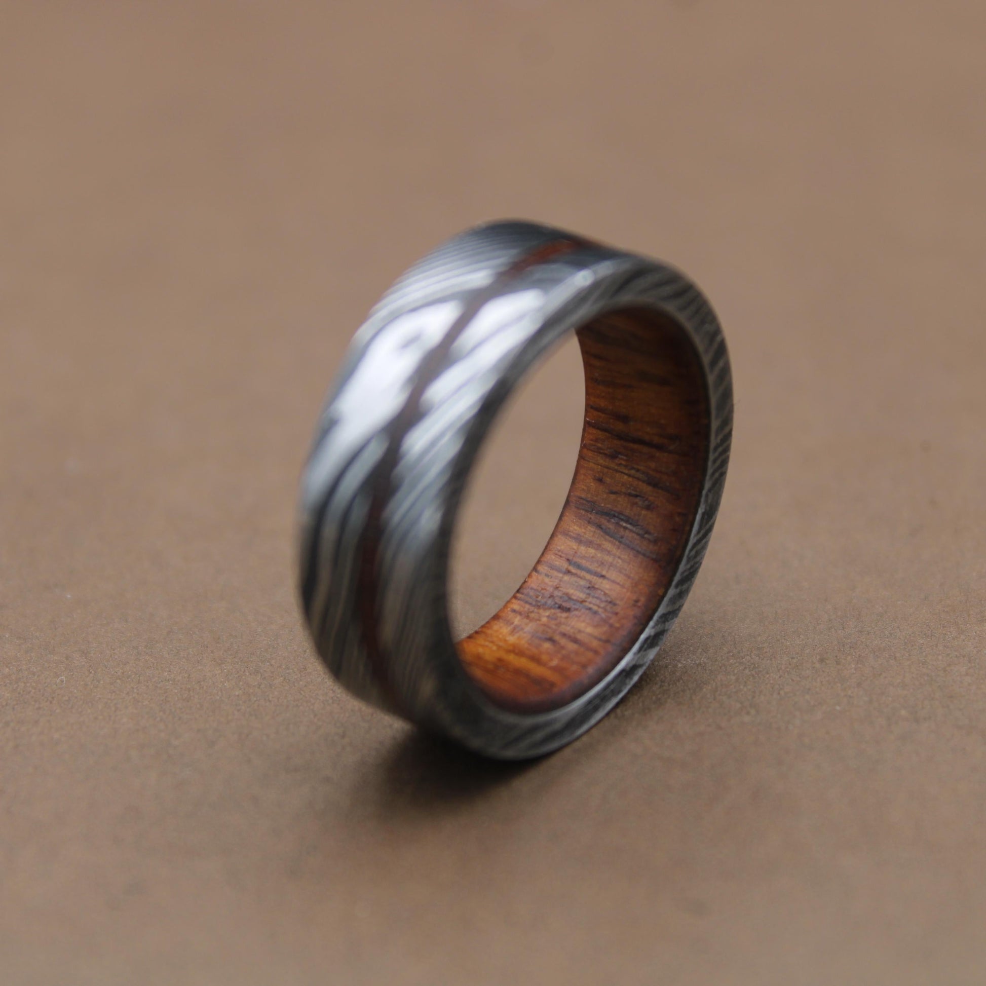 Damascus Steel Whiskey Barrel Steel Rings, Dome Promise Ring, Wood Wedding Ring, Damascus Steel Rings, Wood Inlay Engagement Ring, Wedding Band My Store