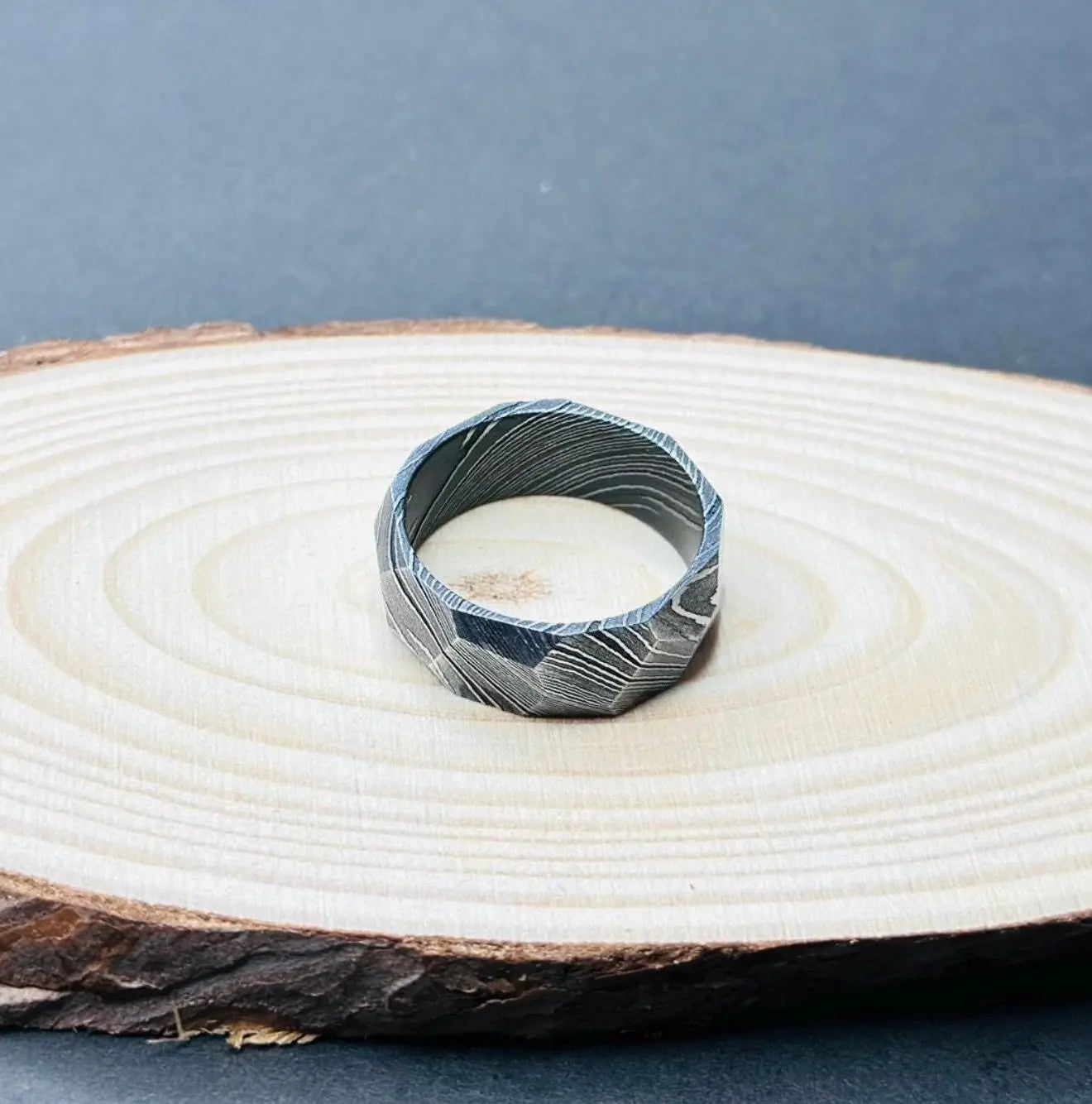 Damascus Faceted Ring Unique Ring Damascus Ring For Men Engagement Ring Damascus Steel Wedding Band Man Promise Ring Anniversary Ring My Store