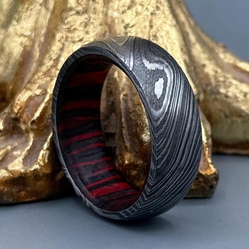 Damascus Steel Whiskey Barrel Steel Rings Dome Promise Ring Wood Wedding Ring Damascus Steel Rings Wood Inlay Engagement Ring Wedding Band Metalic Crafts