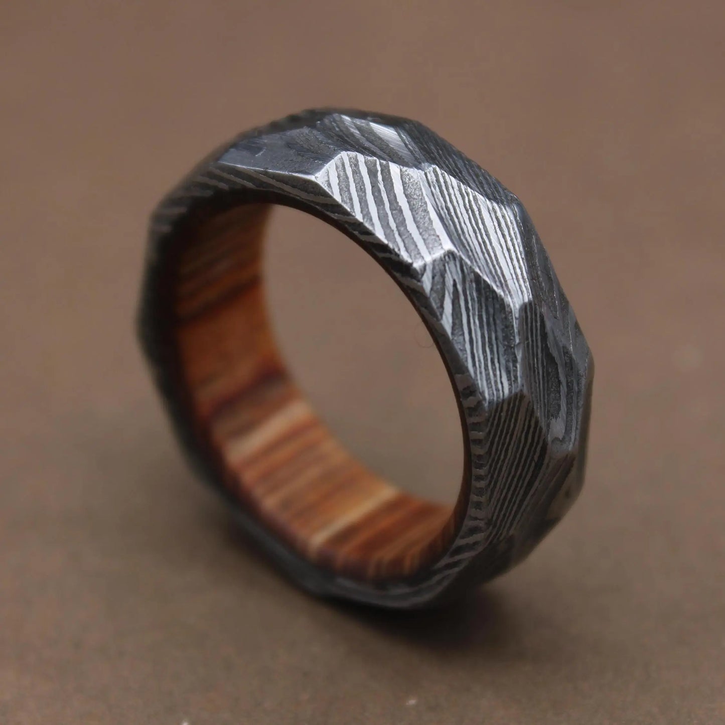 Damascus Steel Ring with Exotic Wenge Wood Inlay and Sleeve Best Christmas Gift Men Wedding Ring Damascus Wood Ring Men Gift 8mm Ring My Store