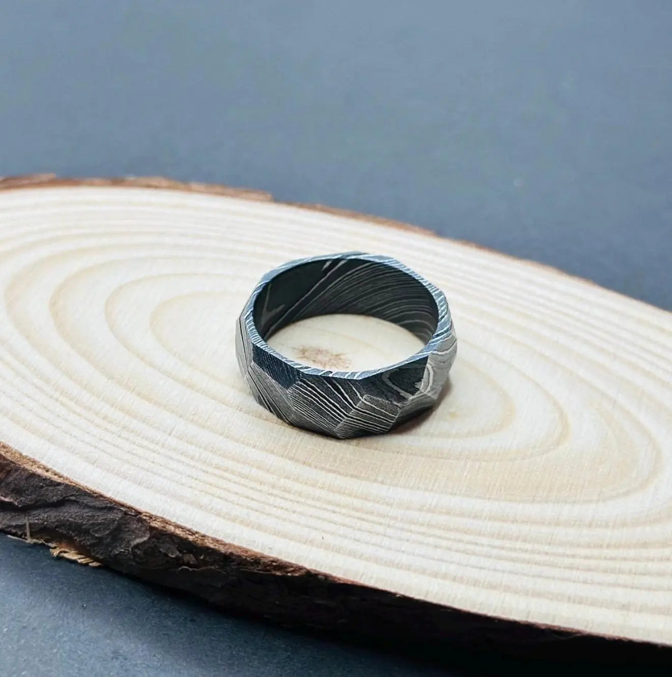Damascus Faceted Ring Unique Ring Damascus Ring For Men Engagement Ring Damascus Steel Wedding Band Man Promise Ring Anniversary Ring My Store