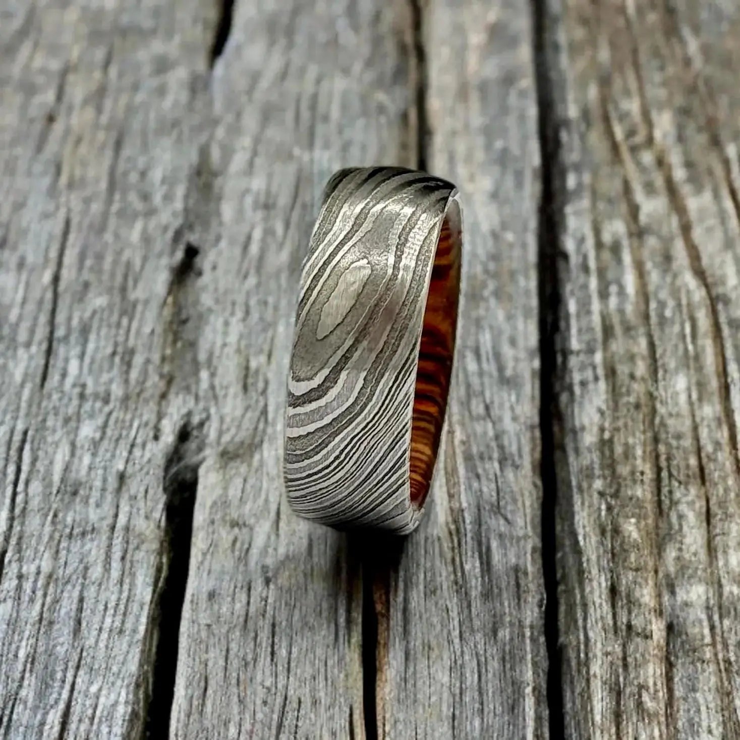 Damascus Steel Whiskey Barrel Ring Wood Wedding Band Promise Ring Engagement Wedding Ring Wood Inlay Damascus Steel Ring Valentines Gift Him My Store
