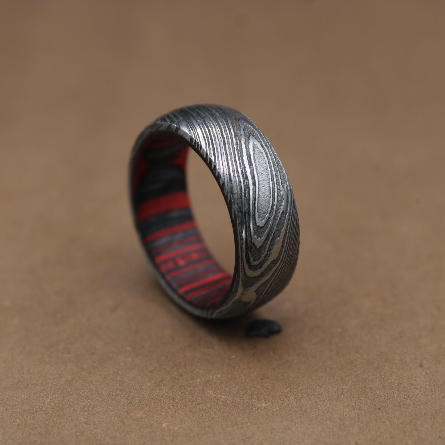 Damascus Steel Whiskey Barrel Steel Rings, Dome Promise Ring, Wood Wedding Ring, Damascus Steel Rings, Wood Inlay Engagement Ring, Wedding Band My Store