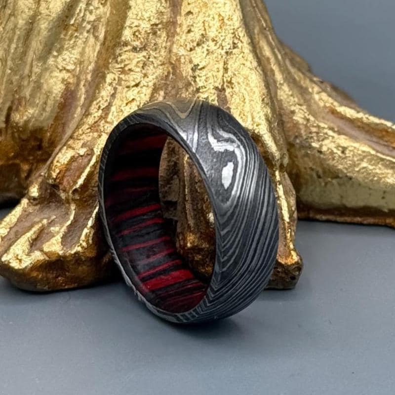 Damascus Steel Whiskey Barrel Steel Rings Dome Promise Ring Wood Wedding Ring Damascus Steel Rings Wood Inlay Engagement Ring Wedding Band Metalic Crafts