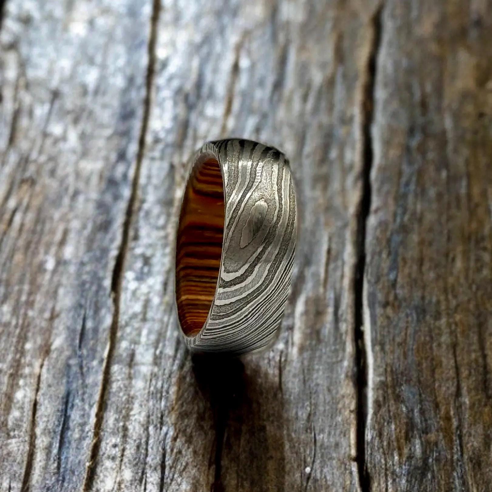 Damascus Steel Whiskey Barrel Ring Wood Wedding Band Promise Ring Engagement Wedding Ring Wood Inlay Damascus Steel Ring Valentines Gift Him Metalic Crafts