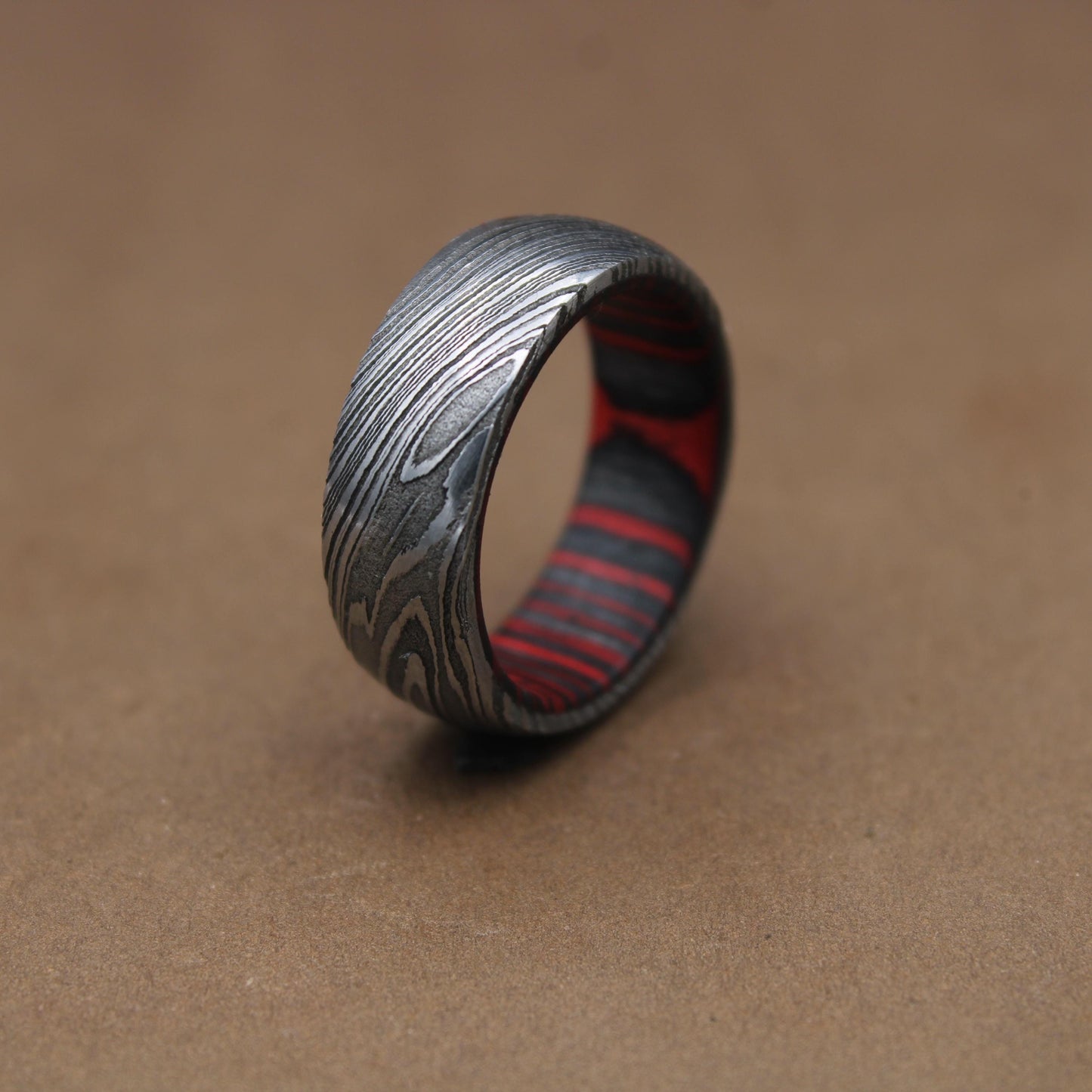 Damascus Steel Whiskey Barrel Steel Rings, Dome Promise Ring, Wood Wedding Ring, Damascus Steel Rings, Wood Inlay Engagement Ring, Wedding Band My Store