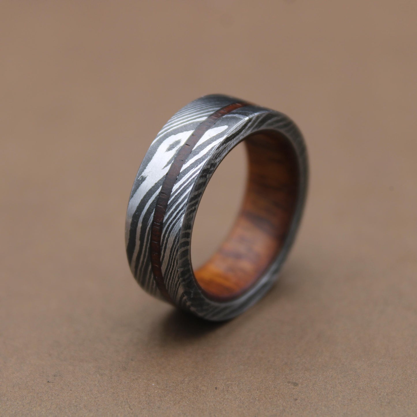 Damascus Steel Whiskey Barrel Steel Rings, Dome Promise Ring, Wood Wedding Ring, Damascus Steel Rings, Wood Inlay Engagement Ring, Wedding Band My Store