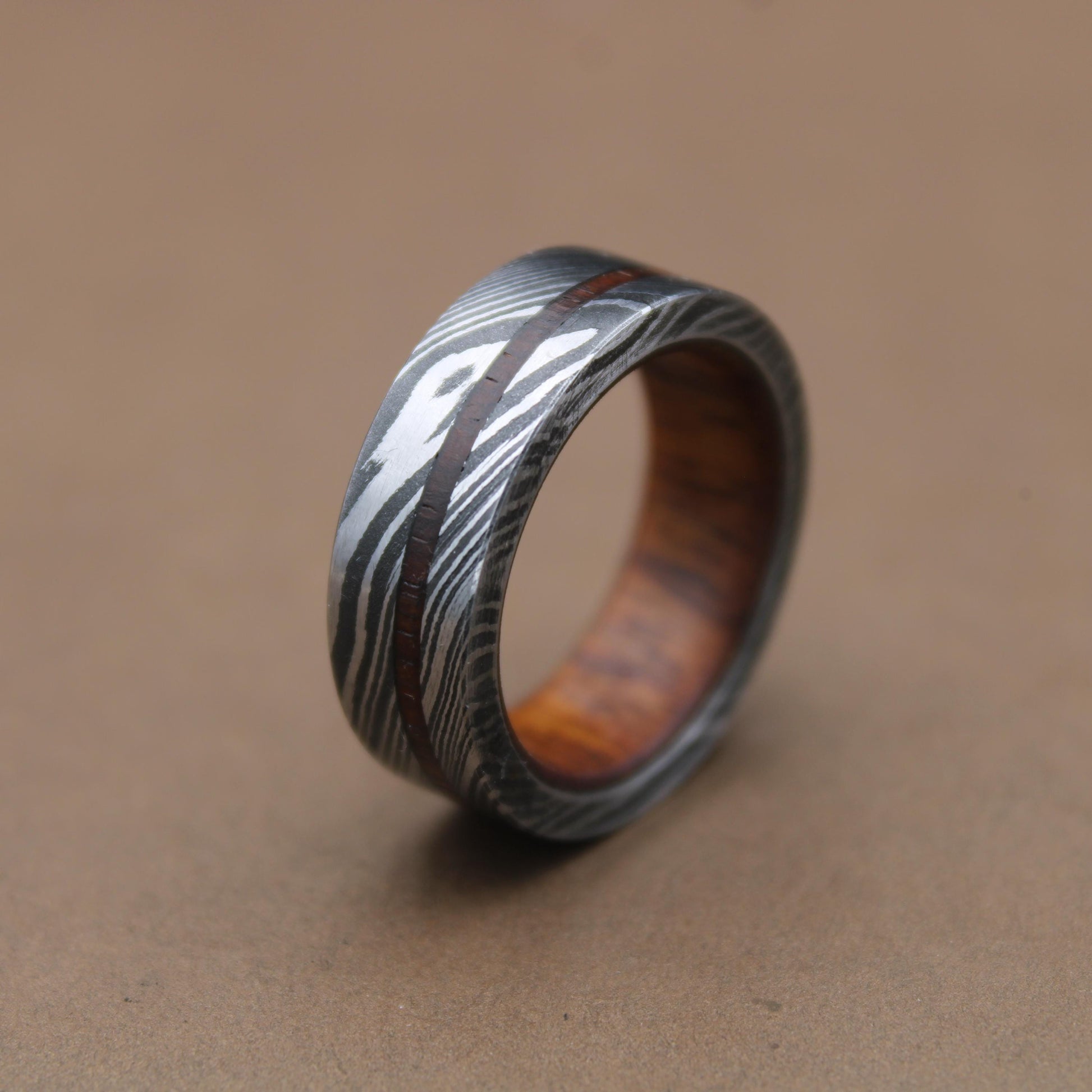 Damascus Steel Whiskey Barrel Steel Rings, Dome Promise Ring, Wood Wedding Ring, Damascus Steel Rings, Wood Inlay Engagement Ring, Wedding Band My Store