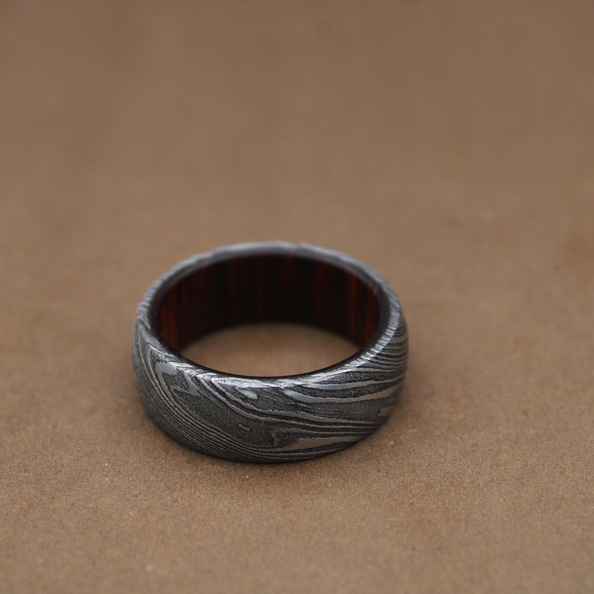 Damascus Steel Whiskey Barrel Steel Rings, Dome Promise Ring, Wood Wedding Ring, Damascus Steel Rings, Wood Inlay Engagement Ring, Wedding Band My Store
