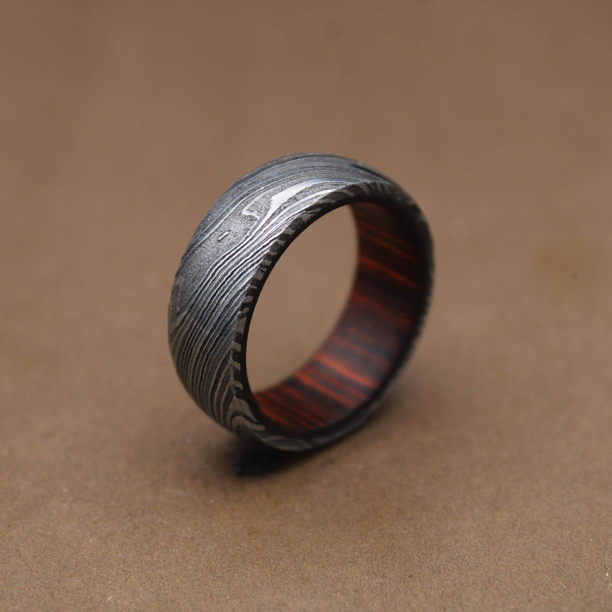 Damascus Steel Whiskey Barrel Steel Rings, Dome Promise Ring, Wood Wedding Ring, Damascus Steel Rings, Wood Inlay Engagement Ring, Wedding Band My Store