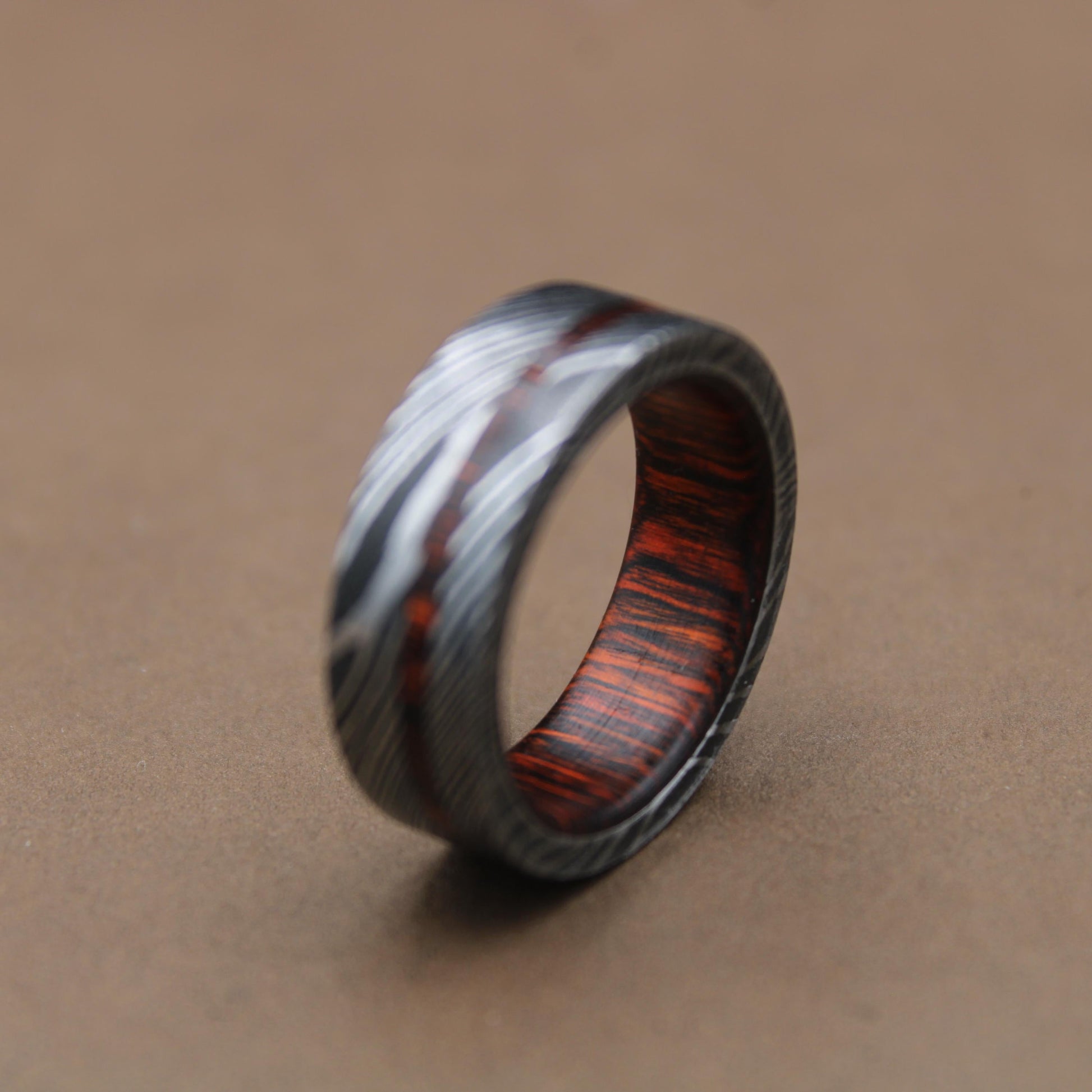Damascus Steel Whiskey Barrel Steel Rings, Dome Promise Ring, Wood Wedding Ring, Damascus Steel Rings, Wood Inlay Engagement Ring, Wedding Band My Store