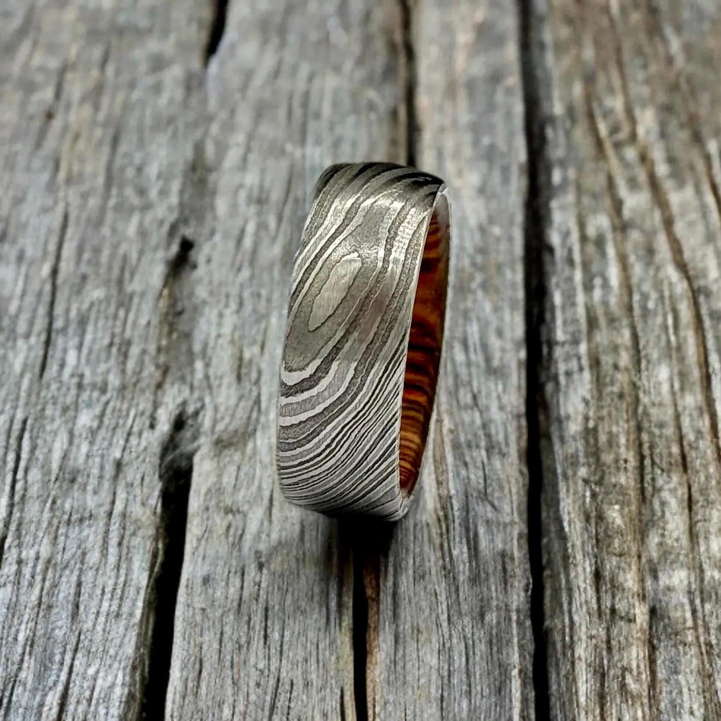 Damascus Steel Whiskey Barrel Ring Wood Wedding Band Promise Ring Engagement Wedding Ring Wood Inlay Damascus Steel Ring Valentines Gift Him Metalic Crafts