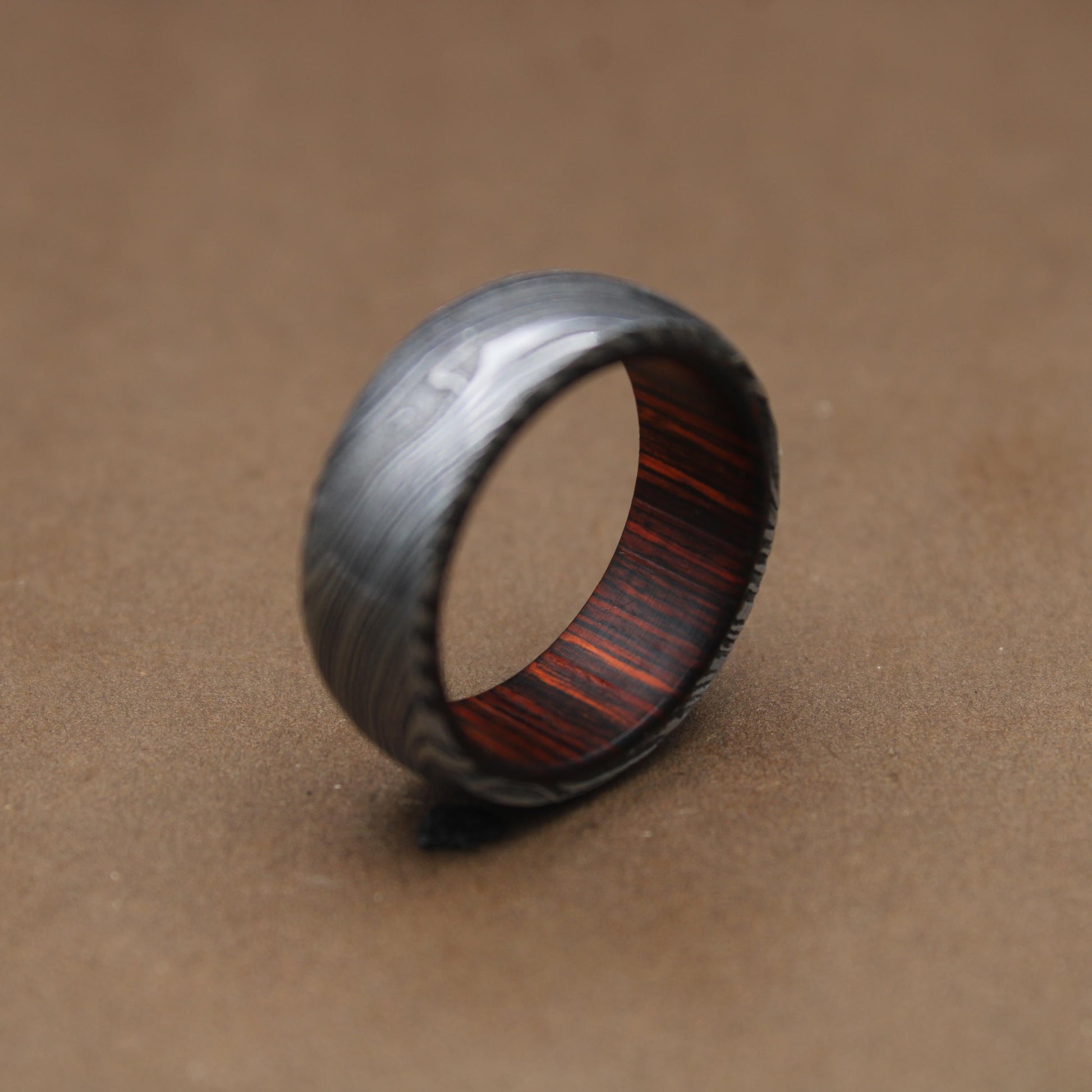 Damascus Steel Whiskey Barrel Steel Rings, Dome Promise Ring, Wood Wedding Ring, Damascus Steel Rings, Wood Inlay Engagement Ring, Wedding Band My Store
