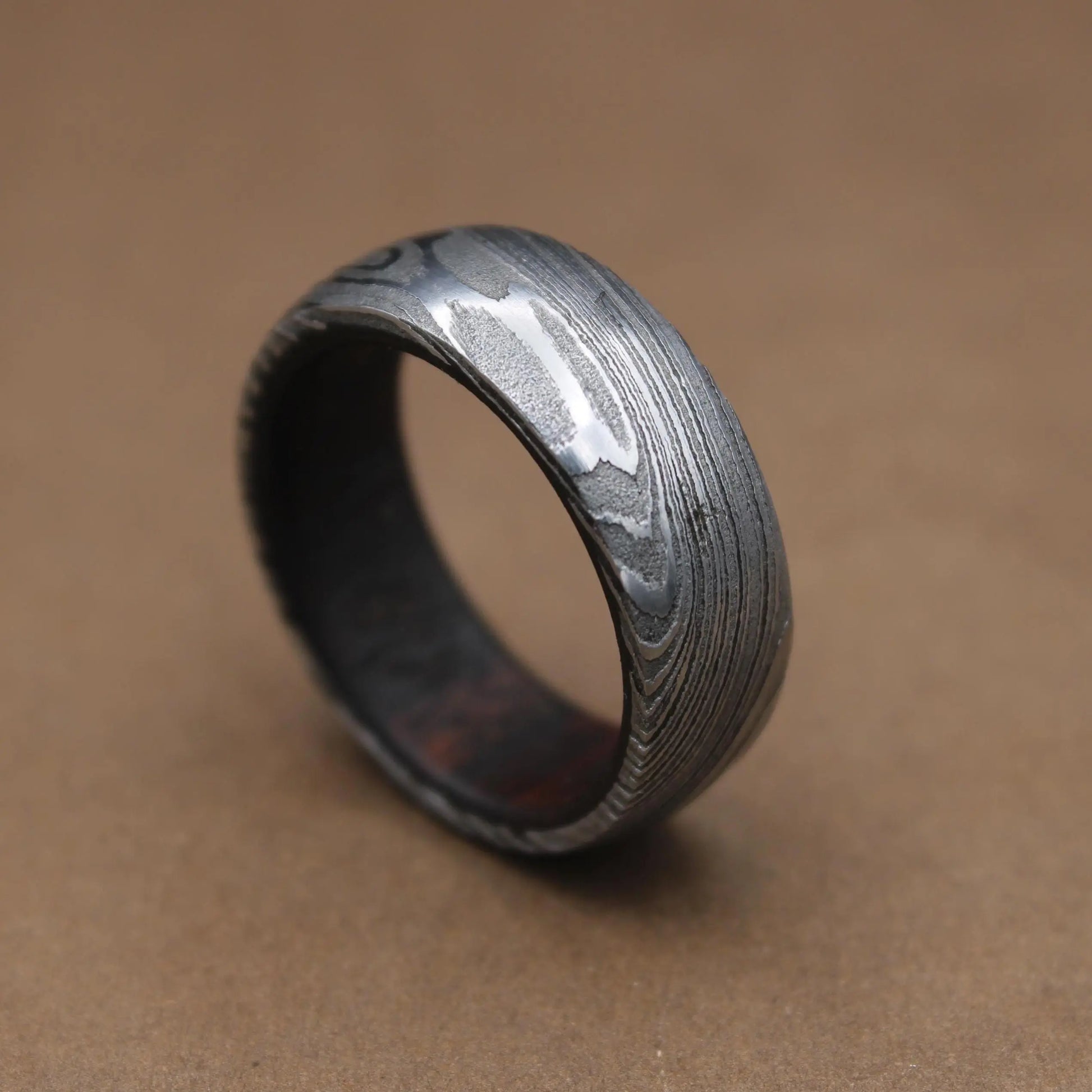 Damascus Steel Whiskey Barrel Steel Rings Dome Promise Ring Wood Wedding Ring Damascus Steel Rings Wood Inlay Engagement Ring Wedding Band My Store