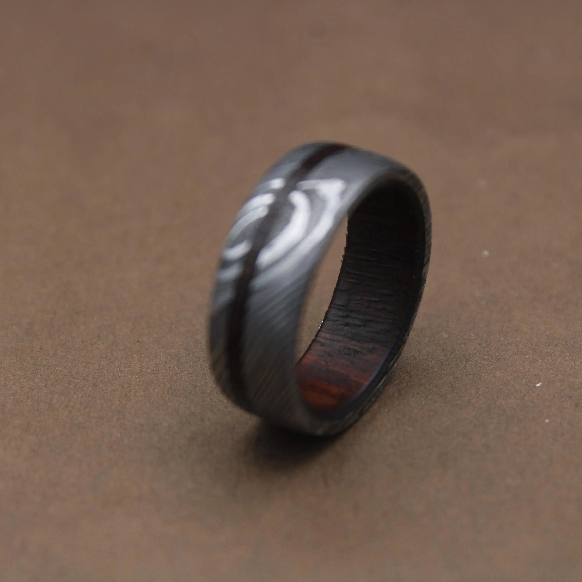 Damascus Steel Whiskey Barrel Wood Inlay Wedding Ring Damascus Steel Rings Wood Inlay Mens Promise Ring Engagement Ring Wedding Band My Store