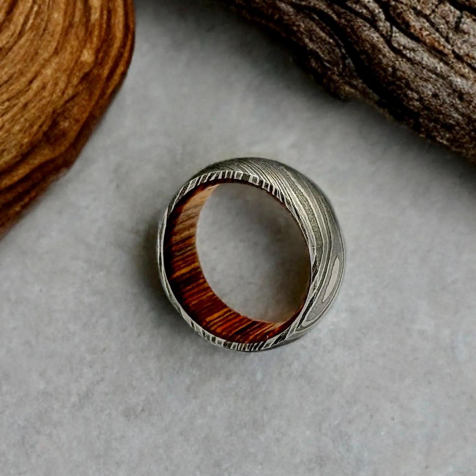 Damascus Steel Whiskey Barrel Ring Wood Wedding Band Promise Ring Engagement Wedding Ring Wood Inlay Damascus Steel Ring Valentines Gift Him Metalic Crafts