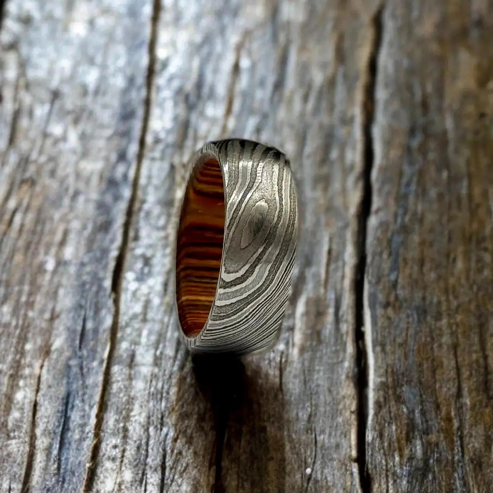 Damascus Steel Whiskey Barrel Ring Wood Wedding Band Promise Ring Engagement Wedding Ring Wood Inlay Damascus Steel Ring Valentines Gift Him My Store