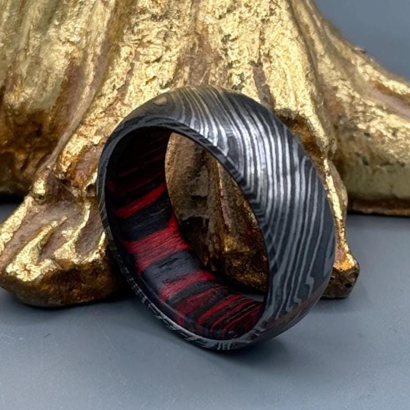 Damascus Steel Whiskey Barrel Steel Rings Dome Promise Ring Wood Wedding Ring Damascus Steel Rings Wood Inlay Engagement Ring Wedding Band Metalic Crafts