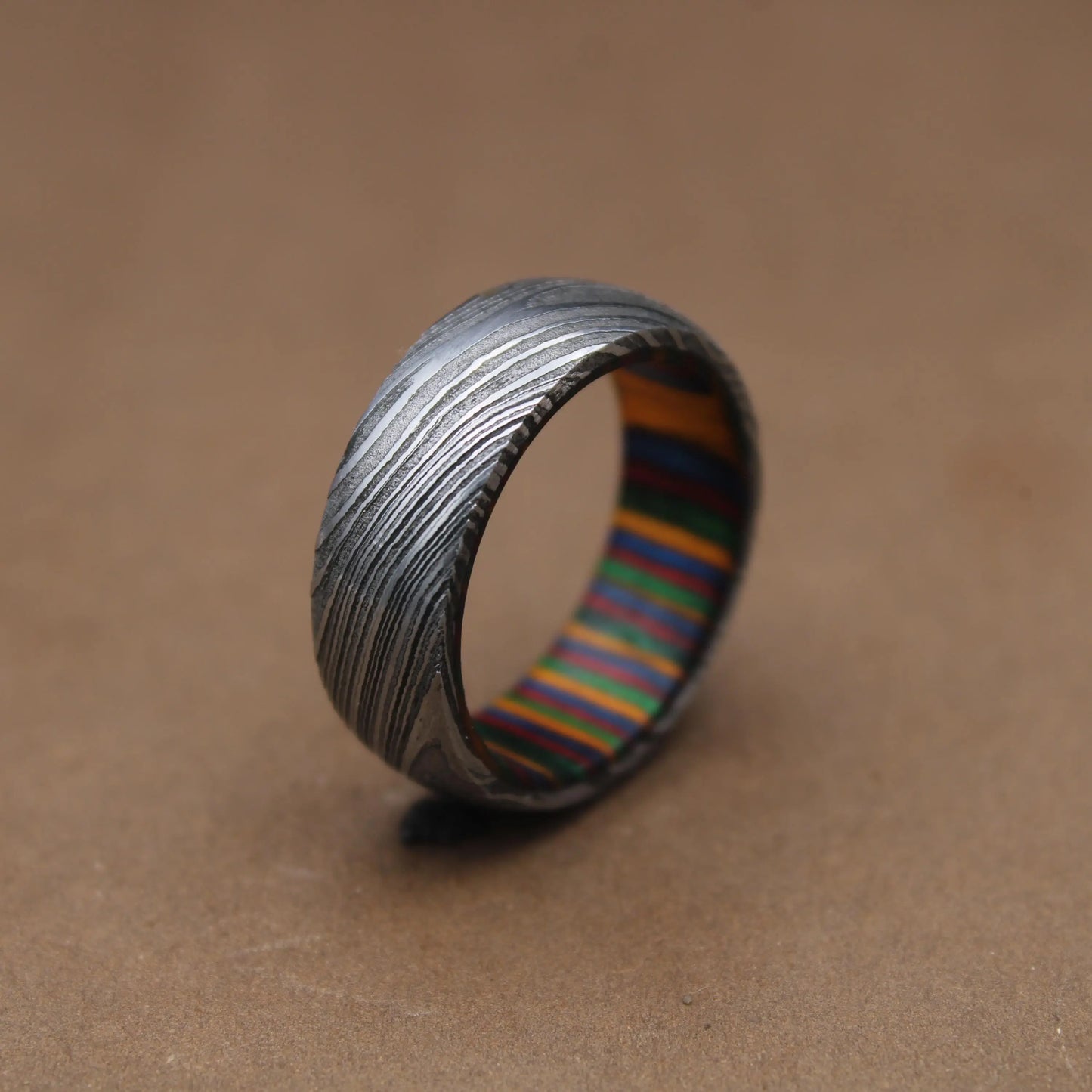 Damascus Steel Wedding Band Whiskey Barrel Steel Rings Dome Promise Ring Wood Wedding Ring Damascus Steel Rings Wood Inlay Engagement Ring My Store