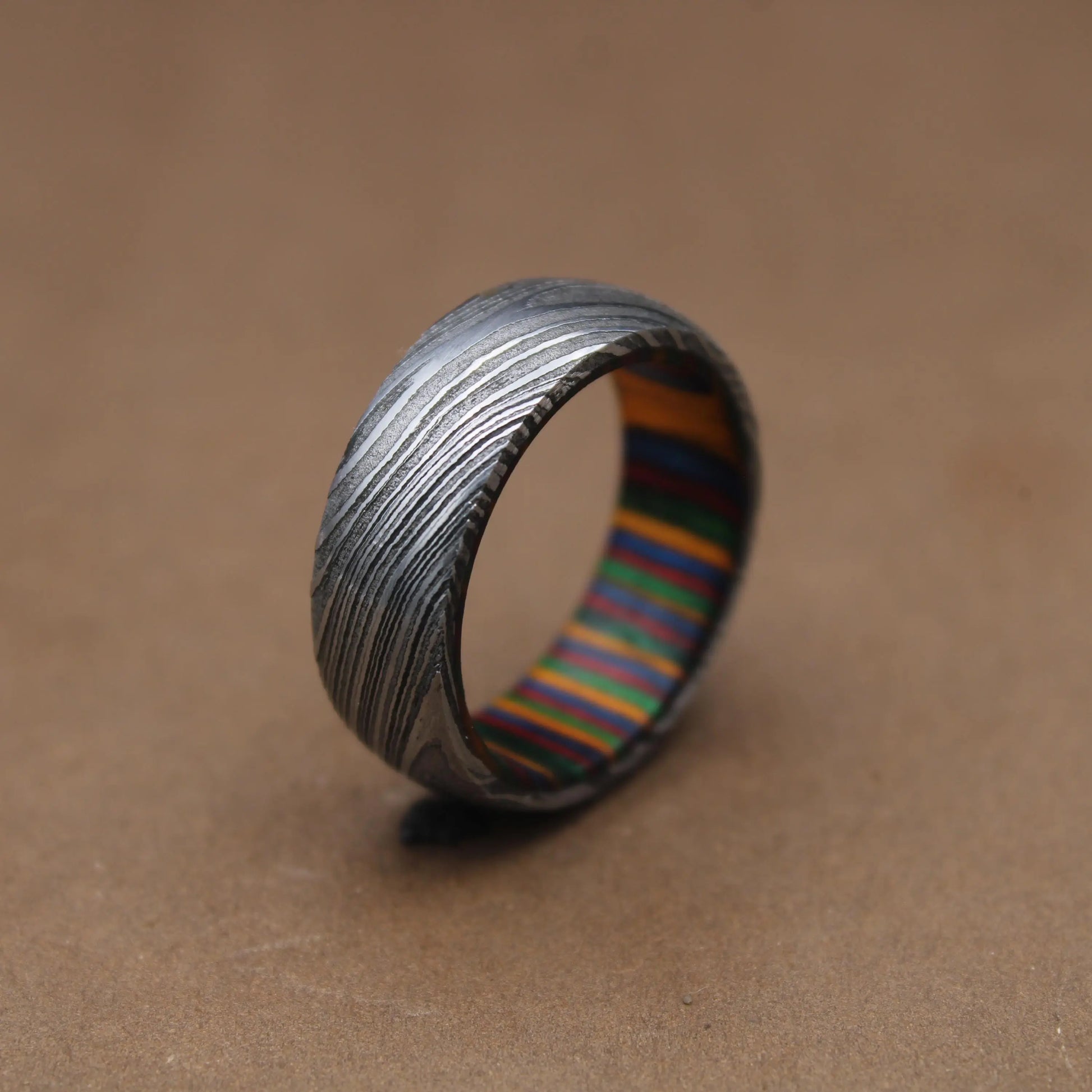 Damascus Steel Wedding Band Whiskey Barrel Steel Rings Dome Promise Ring Wood Wedding Ring Damascus Steel Rings Wood Inlay Engagement Ring My Store