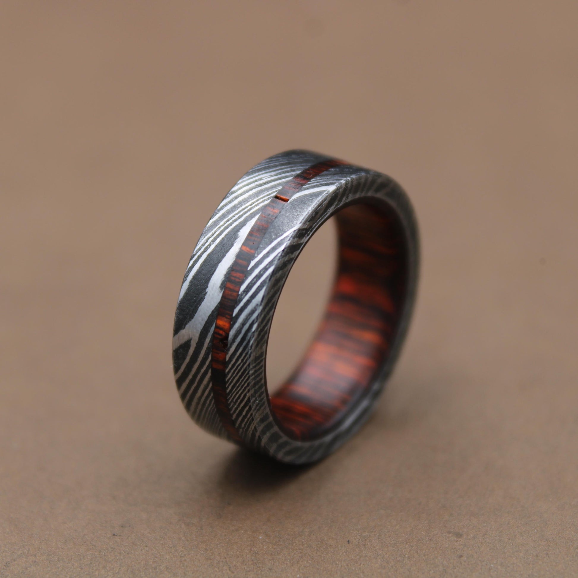 Damascus Steel Whiskey Barrel Steel Rings, Dome Promise Ring, Wood Wedding Ring, Damascus Steel Rings, Wood Inlay Engagement Ring, Wedding Band My Store