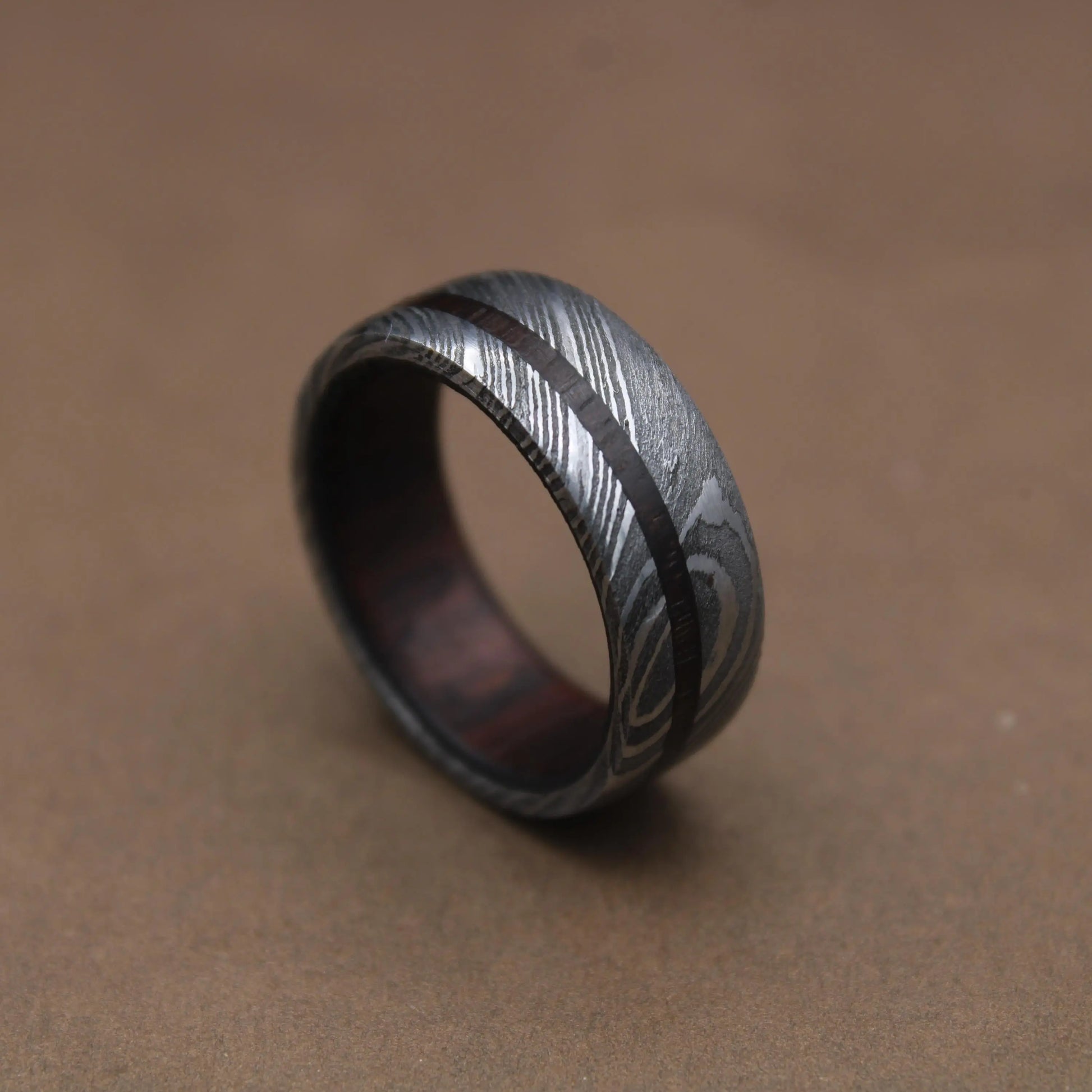 Damascus Steel Whiskey Barrel Wood Inlay Wedding Ring Damascus Steel Rings Wood Inlay Mens Promise Ring Engagement Ring Wedding Band My Store