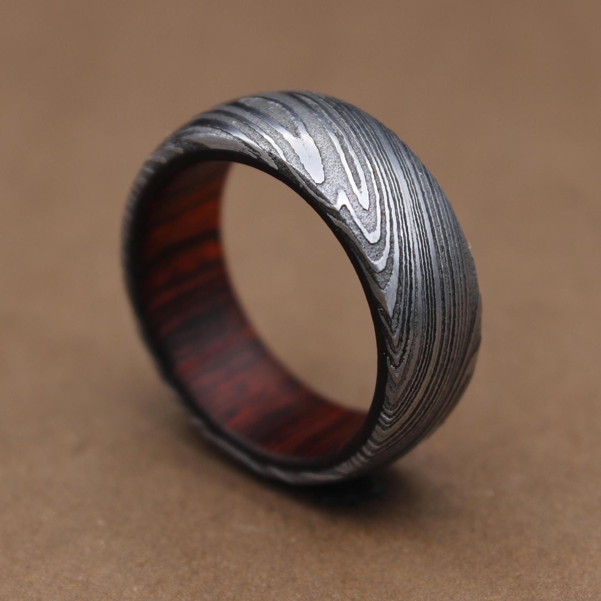 Damascus Steel Whiskey Barrel Steel Rings, Dome Promise Ring, Wood Wedding Ring, Damascus Steel Rings, Wood Inlay Engagement Ring, Wedding Band My Store