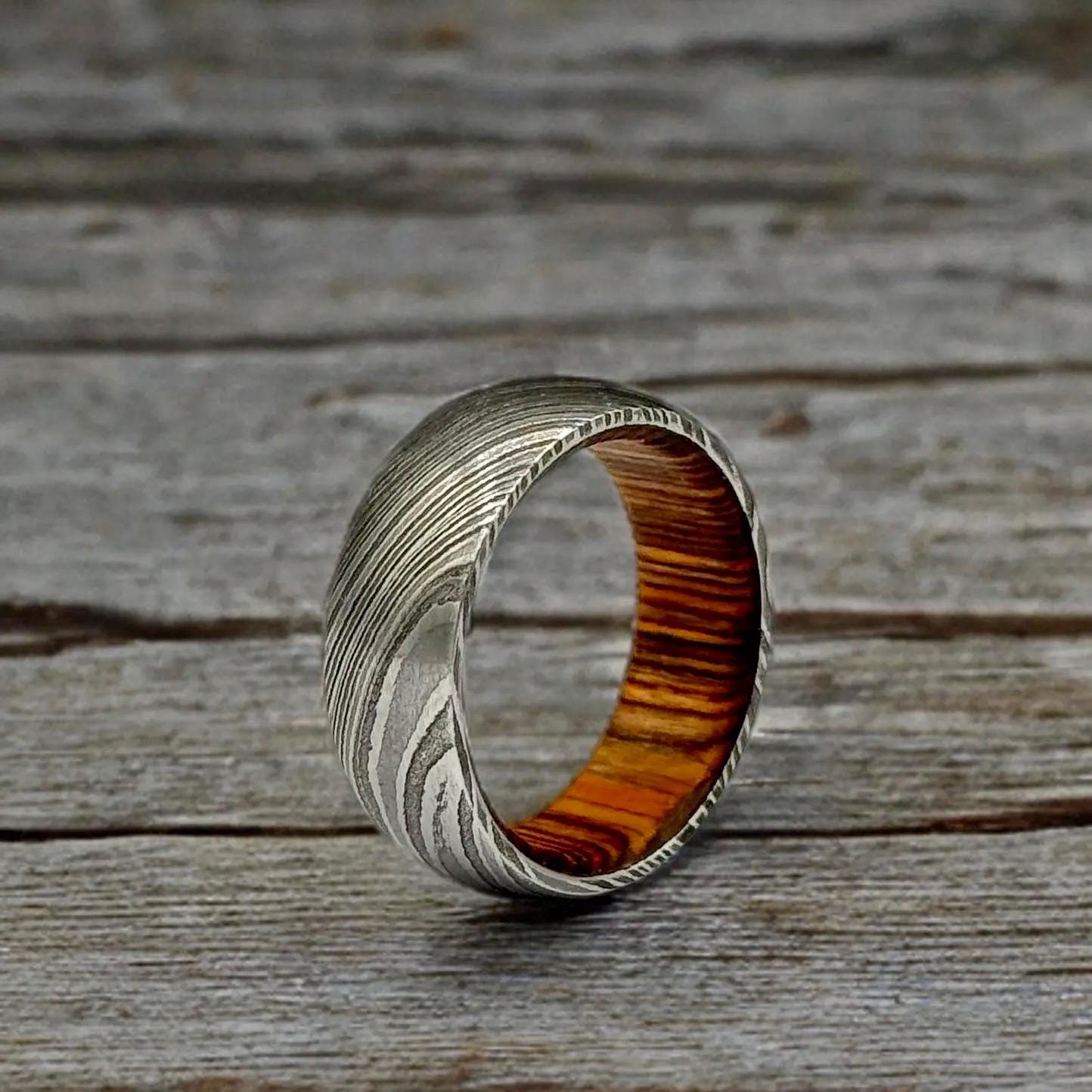 Damascus Steel Whiskey Barrel Ring Wood Wedding Band Promise Ring Engagement Wedding Ring Wood Inlay Damascus Steel Ring Valentines Gift Him Metalic Crafts