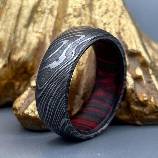 Damascus Steel Whiskey Barrel Steel Rings Dome Promise Ring Wood Wedding Ring Damascus Steel Rings Wood Inlay Engagement Ring Wedding Band Metalic Crafts