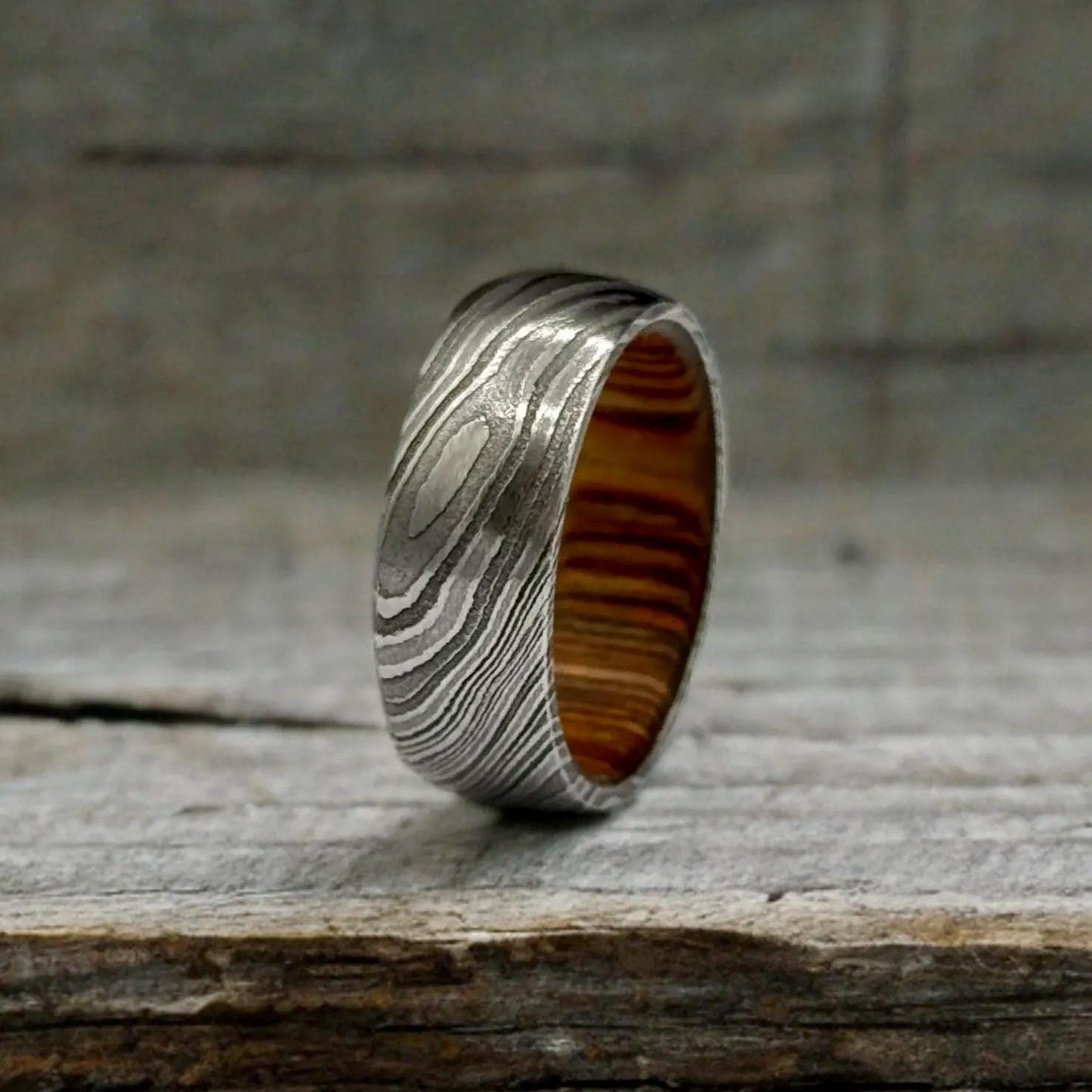 Damascus Steel Whiskey Barrel Ring Wood Wedding Band Promise Ring Engagement Wedding Ring Wood Inlay Damascus Steel Ring Valentines Gift Him Metalic Crafts